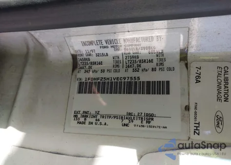 1997 Ford F250 from USA, damaged, VIN 1FDHF25H1VEC97555